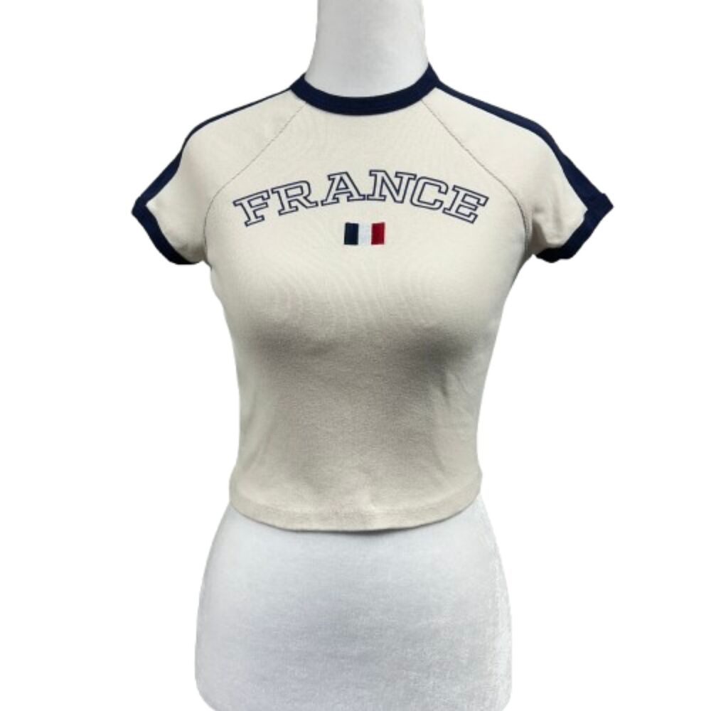 Divided Crop Baby Tee France Motif Shirt Sz S Cream Blue
